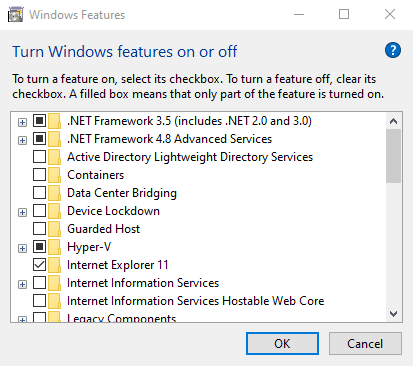 Control Panel – Programs and Features – Turn Windows Features on or off